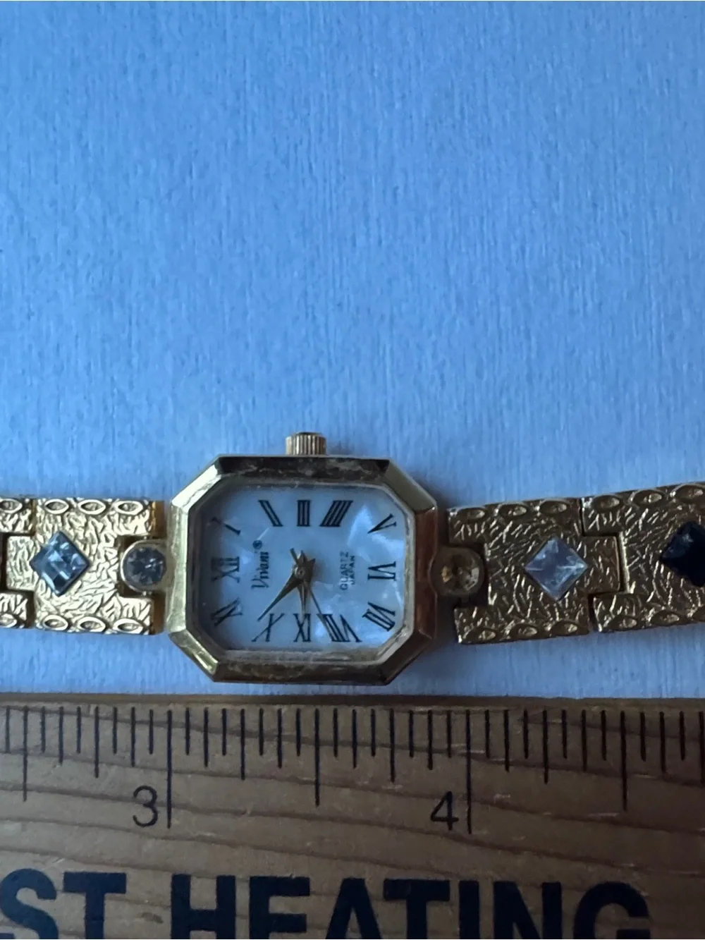 Vintage Vivani Women’s Watch Quartz Gold Tone Links With Multicolor Stone Insets